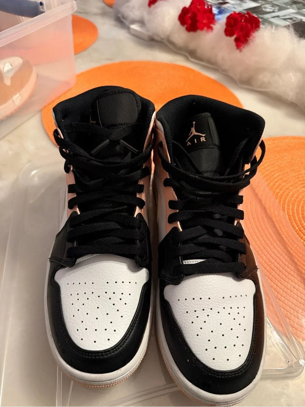 Jordan Mid-Top Sneakers in White, Black & Peach